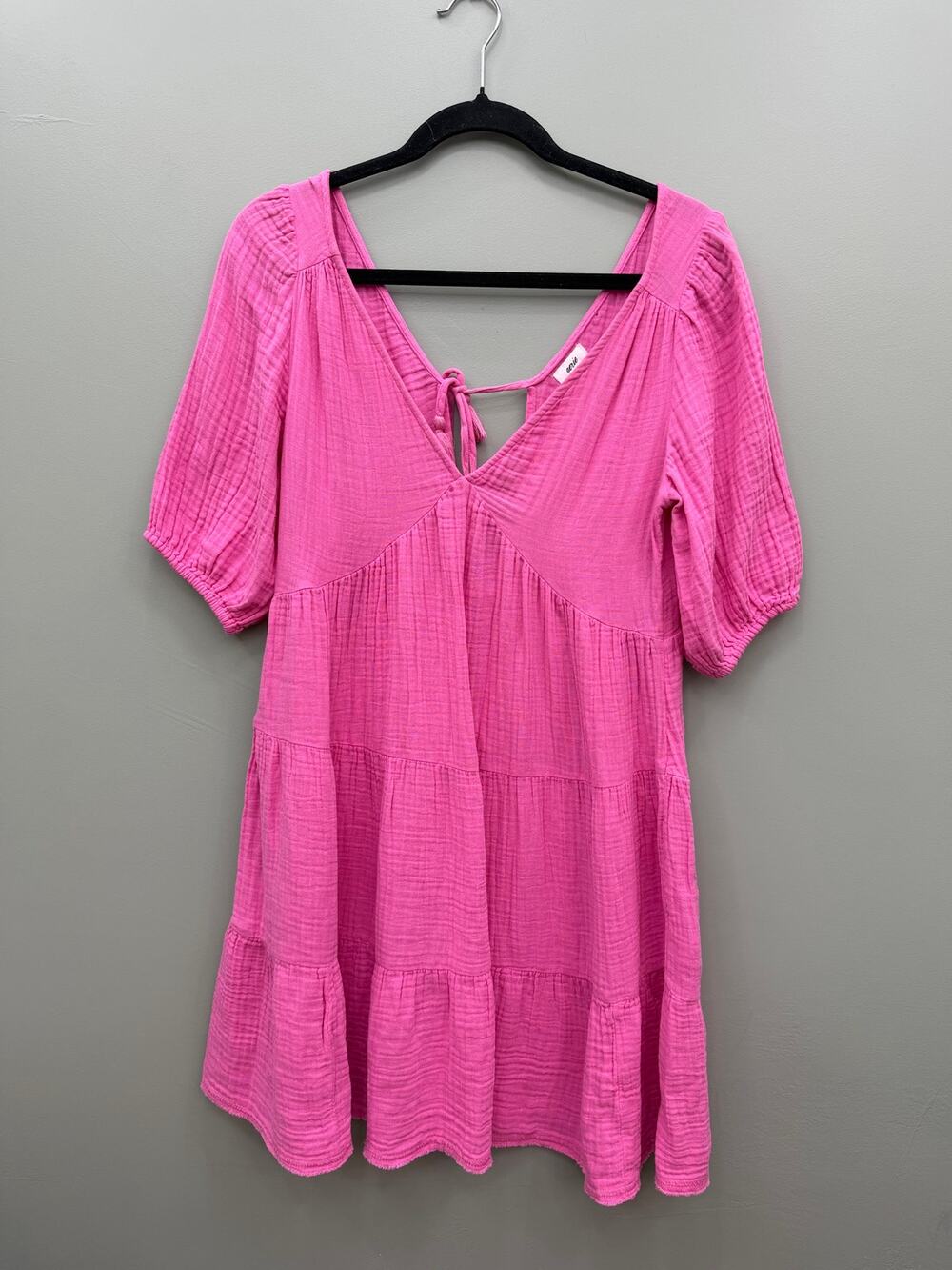Aerie Hot Pink Gauze Babydoll Mini Dress Tie Back Puff Sleeve Size Small